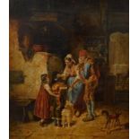 19thC Continental School. Family in interior scene, oil on canvas, indistinctly initialled, 30cm x