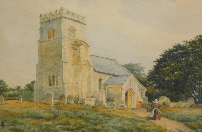 Challis (19thC). Crimplesham Church Norfolk, watercolour, signed, titled and dated 1901, 31cm x 47.