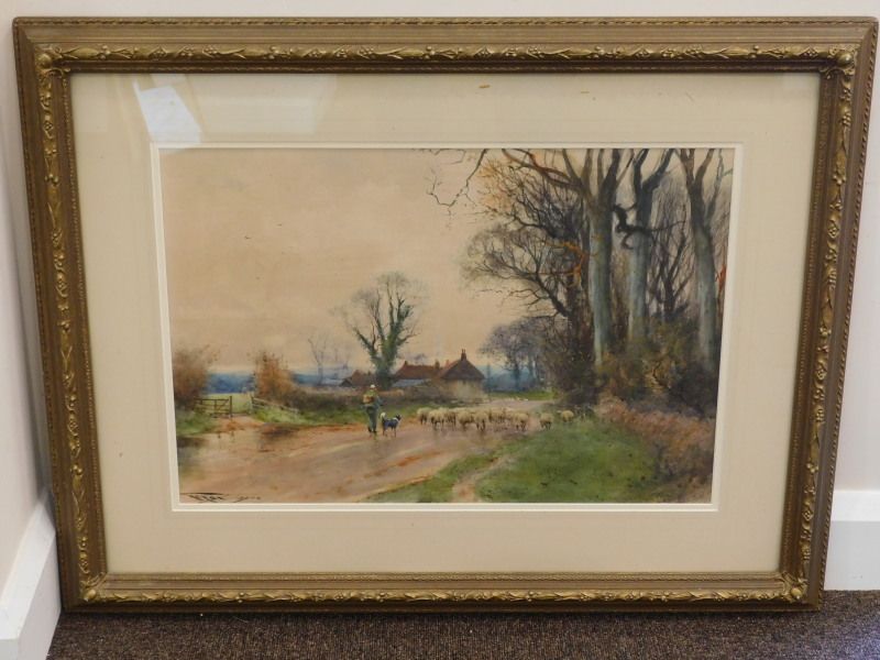 Henry Charles Fox (1855/60-1929). Rural landscape with sheep, watercolour, signed and dated 1908, - Image 2 of 3