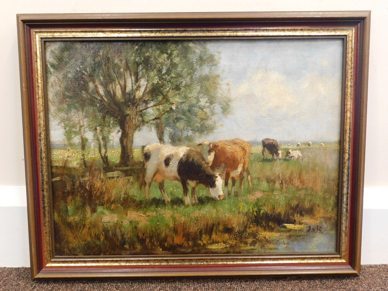 J.V.R. (19th/20thC). Cattle grazing, oil on canvas, 29cm x 39cm - Image 2 of 4