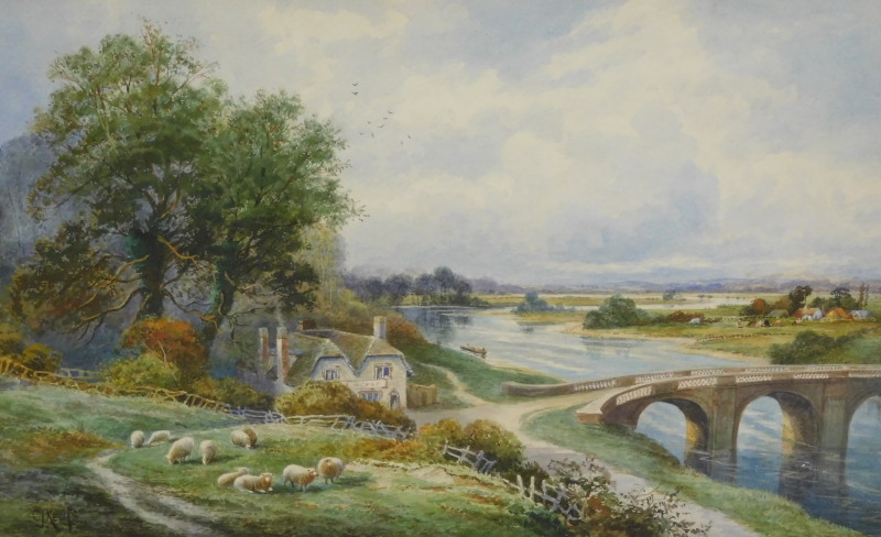 Cecil Jack Keats (19th/20thC). River landscape with sheep, watercolour, signed, 31.5cm x 50cm