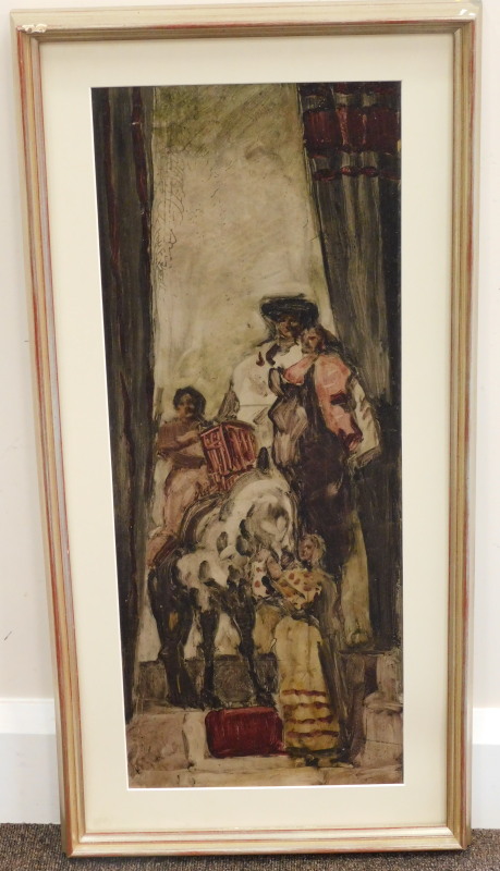 Jose Maria y Sert Badia (1874/6-1945). Procession, oil, 63cm x 24cm - Image 2 of 3