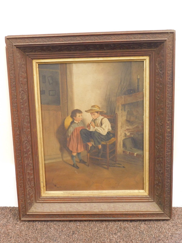 19thC Continental School. The music lesson, oil on board, 33.5cm x 26cm - Image 2 of 3