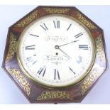 A mid 19thC mahogany and brass inlaid wall time piece, the painted dial with Roman numerals signed