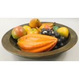 A turned wooden bowl, containing various pieces of artificial fruit, 34cm dia.