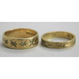 Two 9ct gold dress rings, each with etched design band, one stone set with tiny white stones, 7g all