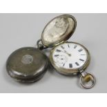 Two pocket watches, to include a silver hunter pocket watch, with white enamel dial, bezel wind,