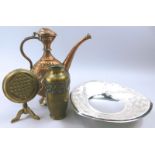 Miscellaneous metalware, to include an Eastern copper coffee pot, embossed with a scene of