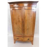 A 19thC flame mahogany armoire cupboard, the overhanging dentil top raised over two panel doors,