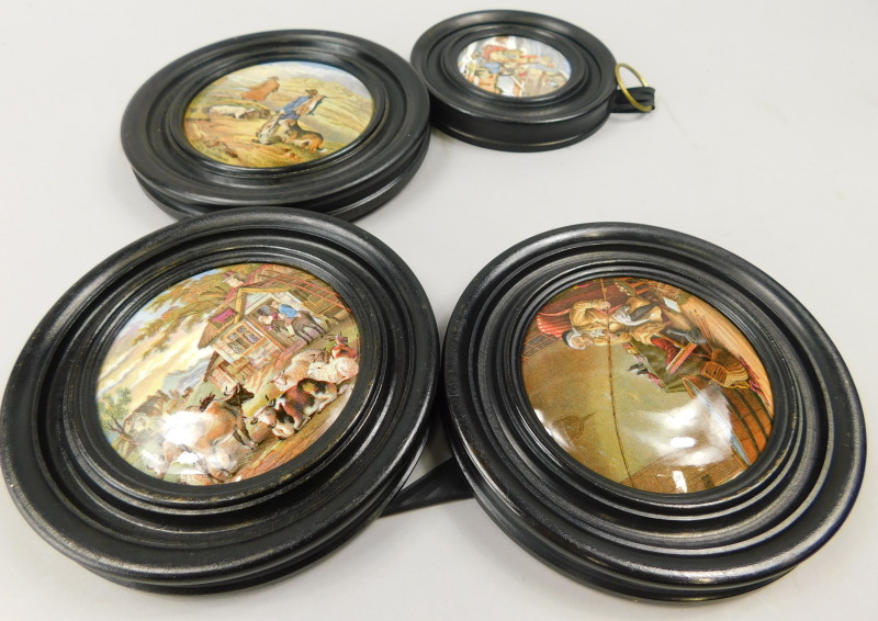 A collection of four pot lids, to include the Sportsman etc.