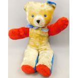 A Chad Valley 1953 Coronation red white and blue teddy bear, with original label, 58cm long