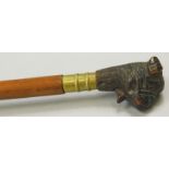 An early 20thC walking cane, the handle carved in the Black Forest style with a bulldog or boxer