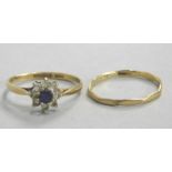 Two 9ct gold rings, a floral cluster ring, set with blue and white stones, and a wedding band, 2.