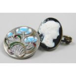 Two brooches, to include an Art Nouveau style pendant, with enamel design, and a raised cameo bar