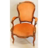 A 19thC Continental mahogany fauteuil, with a moulded show frame, padded back, armrest and seat,