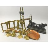A collection of items, to include an Art Nouveau copper and brass crumb tray, two fire ornaments,