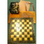 A chess set cast in brass, with neo-classical style figures, chess boards, panels etc.