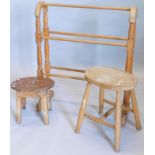 A collection of pine furniture, a towel rail and two stools