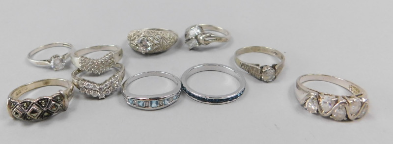 Various silver coloured metal dress rings, some stamped 925 etc.
