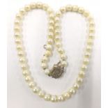 A cultured pearl necklace, of 61 pearls, 6.5mm dia average, with a 9ct gold pearl set clasp, 27.4g