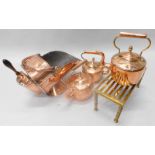 A quantity of metalware, to include a copper coal scuttle with shovel, three copper kettles etc.