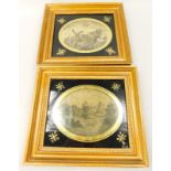 A pair of 19thC hairwork pictures, one depicting a castle within a landscape, the other windmill,