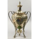 A 19thC silver plated tea urn or samovar, the lid with a turned finial, the base with two leaf