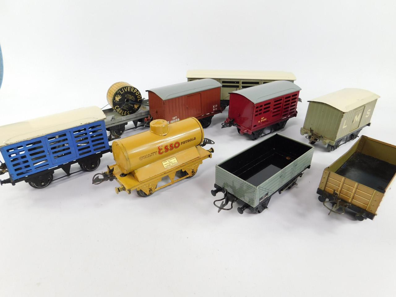 Hornby 0 gauge wagons and vans, comprising No 1 goods van, No 1 petrol tank wagon 'ESSO', No 1