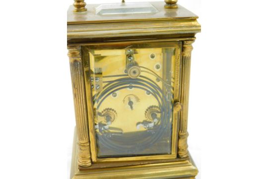 A 19thC gilt brass cased carriage clock, the circular white chapter ring signed Walters and George - Image 3 of 4