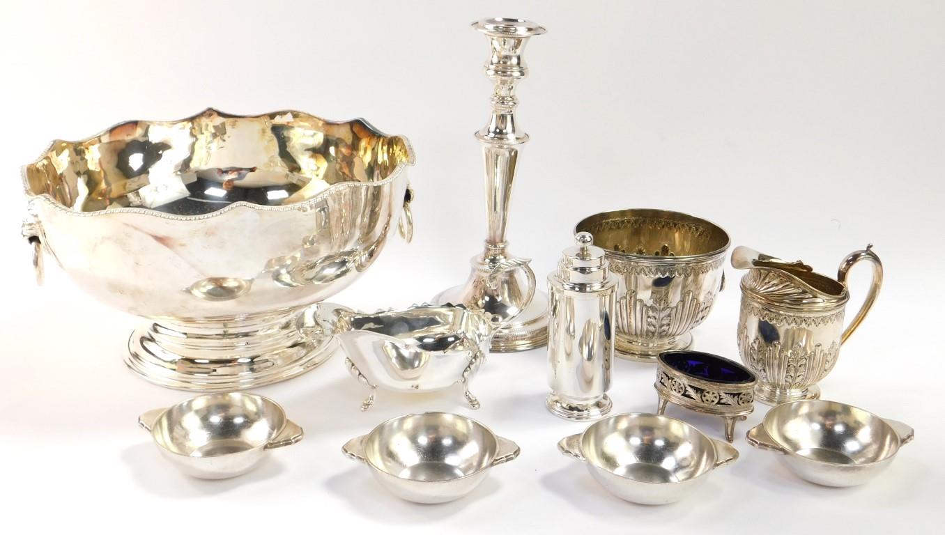 Plated wares, including a pedestal punch bowl with twin lion's mask and ring handles, sauce boat,