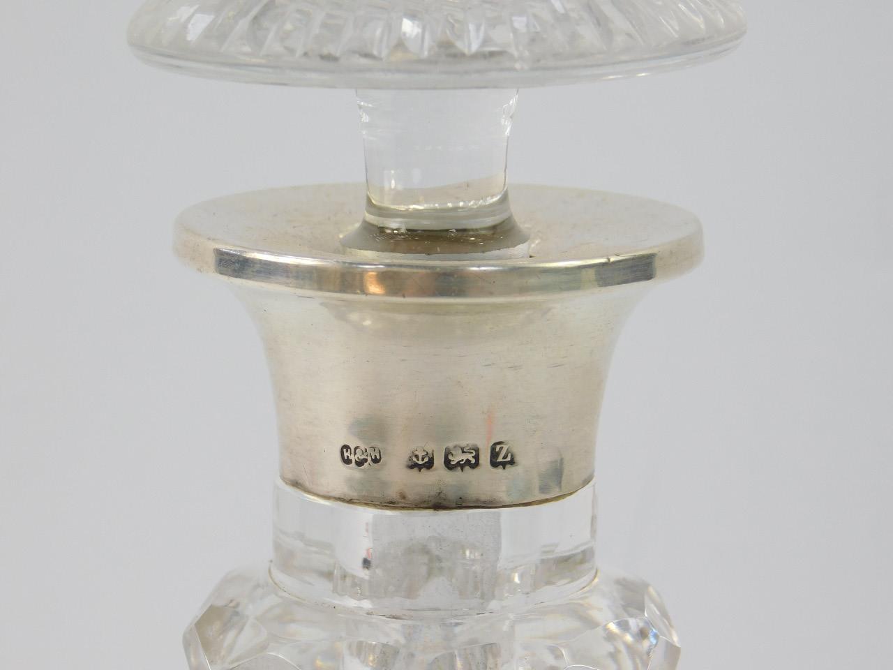 A Victorian cut glass two ring decanter, with mushroom shaped stopper and silver collar, - Image 2 of 2