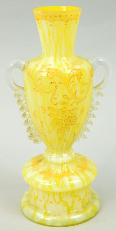 A late 19thC Nailsea style glass vase, in swirl green, white and clear decoration, of classical