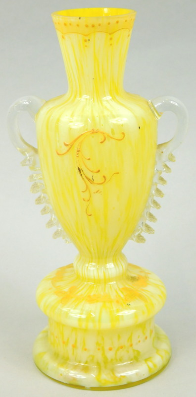 A late 19thC Nailsea style glass vase, in swirl green, white and clear decoration, of classical - Image 2 of 2