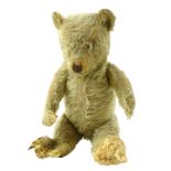 A mid 20thC blonde plush jointed teddy bear, probably English, articulated limbs, straw filled, 50cm