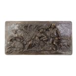 An early 19thC style cast metal plaque, modelled as two farmers in a naturalistic setting, with