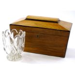 A 19thC mahogany tea caddy, the hinged lid revealing a fitted interior with glass mixing bowl,