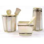 A mother of pearl white metal preserve set, to include salt pot 9cm high, shaped spoon etc. (a