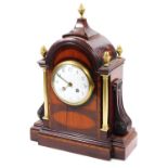 A 19thC mahogany satinwood and boxwood strung mantel clock, the domed case with five acorn finials