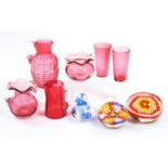 Glassware etc, comprising a late 19thC cranberry glass jug with beak spout, plain handle, with rough