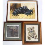 After John Trickett. Black labradors, print, 48cm x 52cm. two other pictures, gun dog, etc, (3).