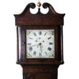 An early 19thC oak country clock, the swan neck pedimented hood holding a square painted 29cm wide