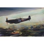 Terry Shelbourne (b1930). Spitfire, oil on board, signed and dated 1970, 38cm x 63cm.