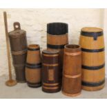 Various coopered barrels etc, to include a posher style example with cylindrical handle top, open