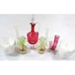 Various glassware, etc., a pair of vaseline glass bark type specimen vases, 21cm high, and cranberry