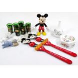 China and effects, Mickey Mouse celluloid doll, 18cm high, glassware, other Mickey Mouse items, etc.