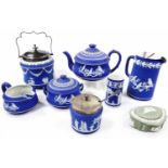 Various 19thC dark blue Wedgwood Jasperware items, comprising of a teapot , 15cm high, milk jug,