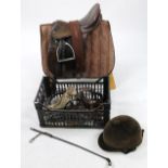 Various equestrian and horse riding equipment, riding helmet, German leather saddle 49cm high, other