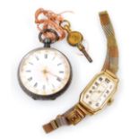 Two watches, comprising a silver fob watch, with white enamel dial, with pink and gold finish, and a