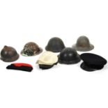 Various war related helmets, tin and others, size 7 Sanders and Brightman flat cap marked 1969, oval