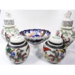 Various oriental and other design pottery, polychrome decorated with flowers, pseudo mark beneath,